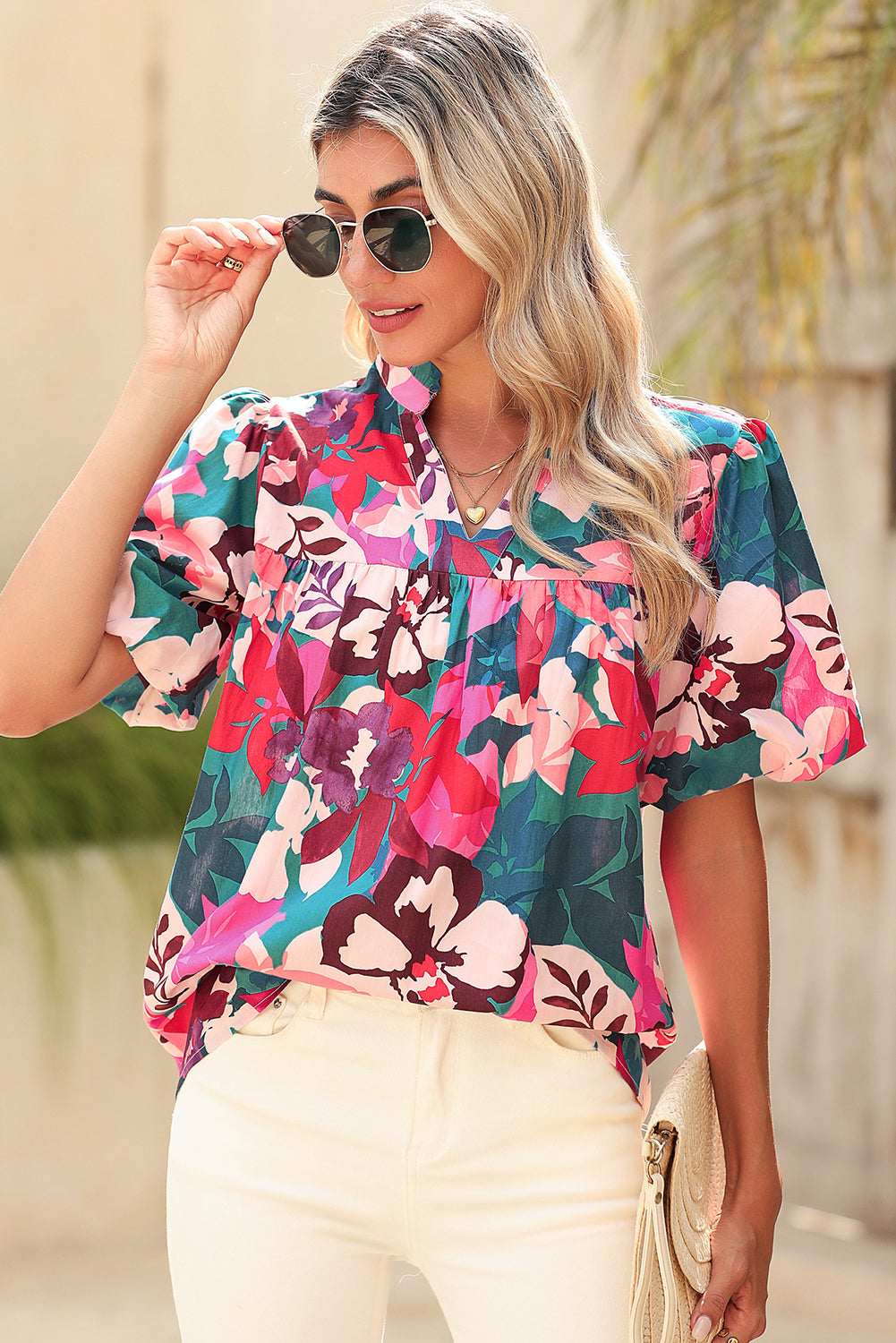 Rose Red Floral Print V Neck Lantern Sleeve Blouse