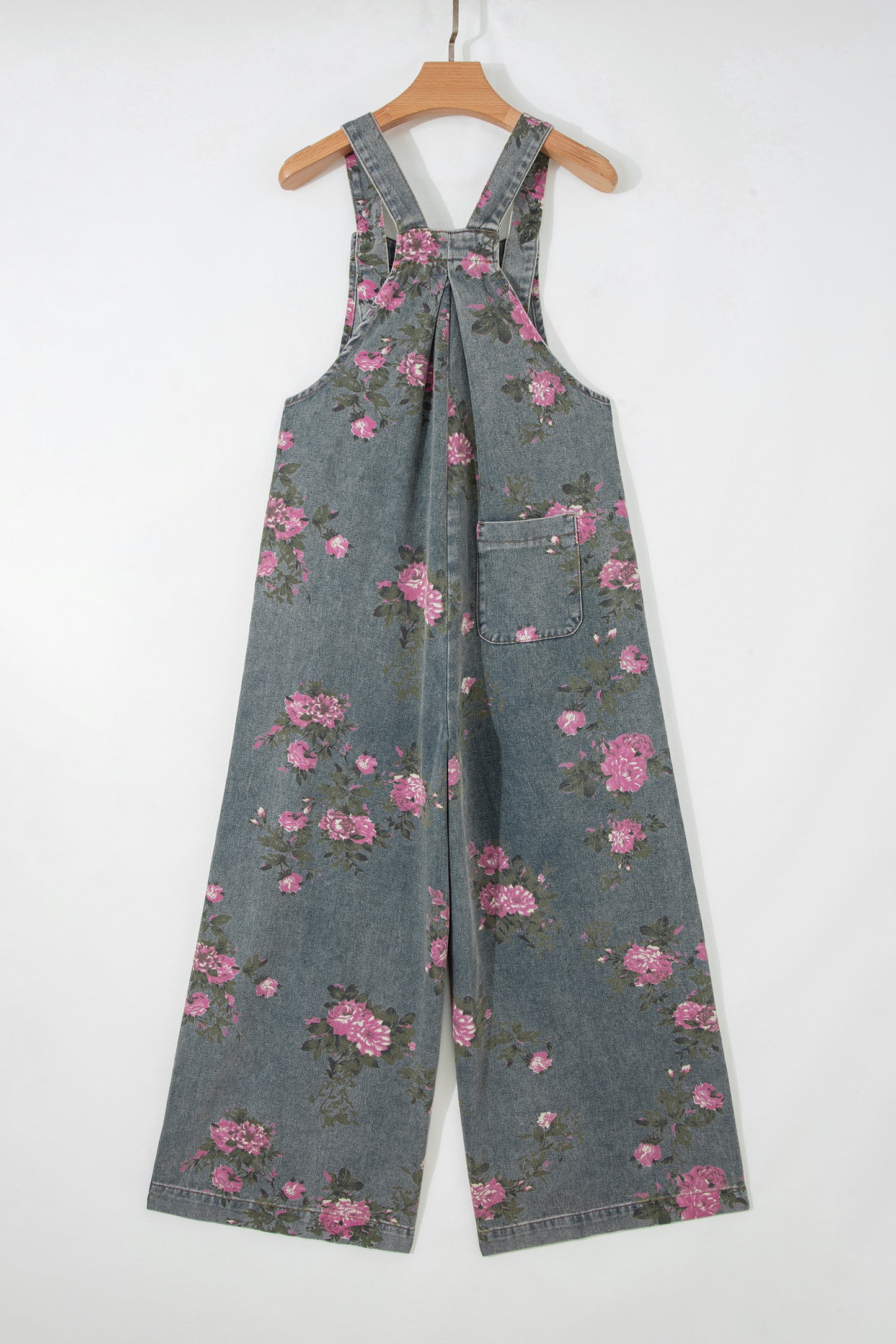 Blue Beau Floral Print Pleated High Waist Wide Leg Denim Jumpsuit