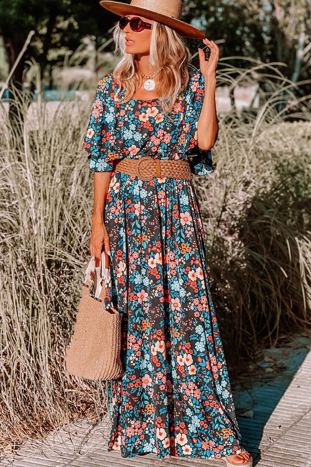 Sky Blue Boho Floral Print Knotted Backless Maxi Dress