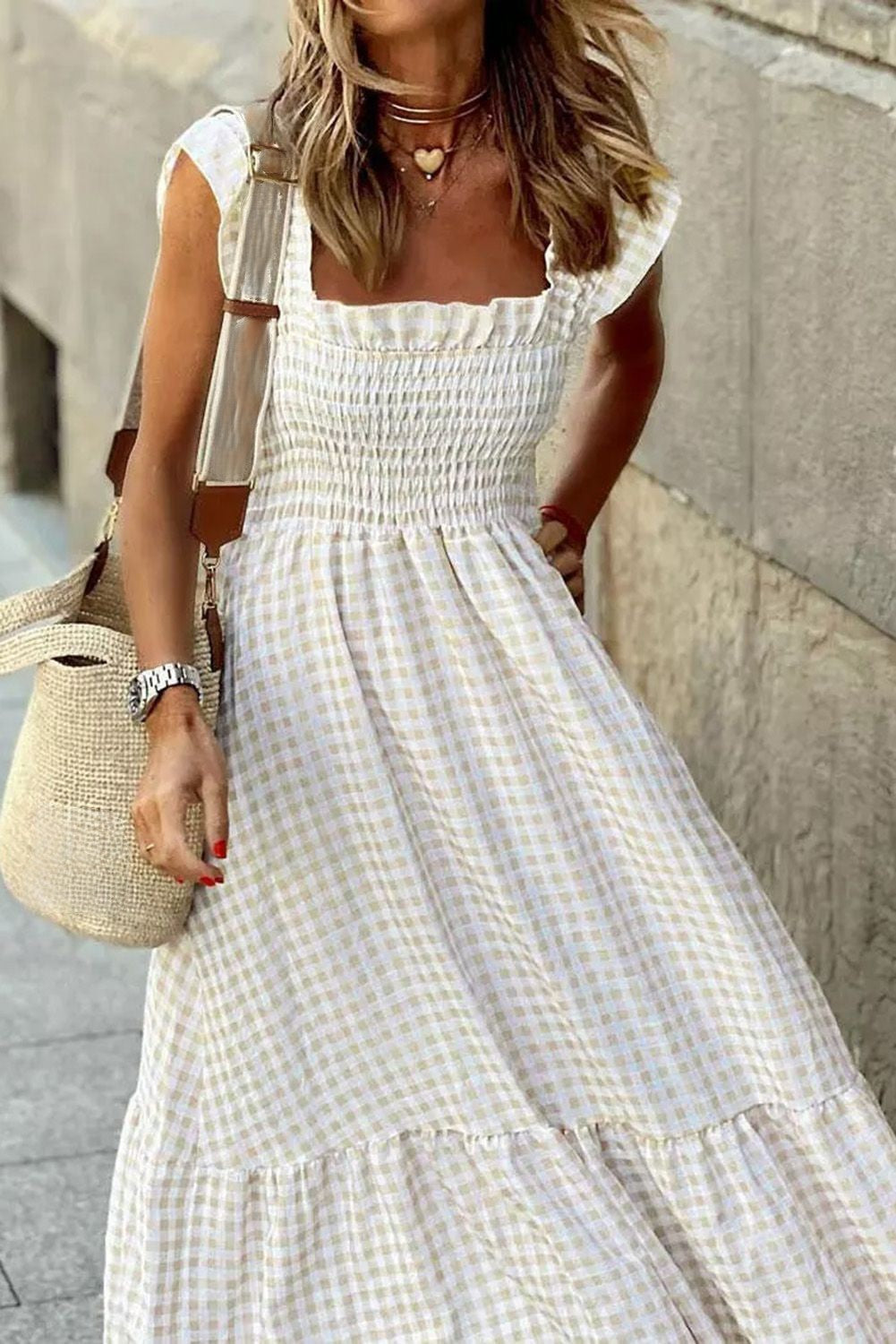 Khaki Plaid Ruffled Sleeveless Smocked Maxi Dress