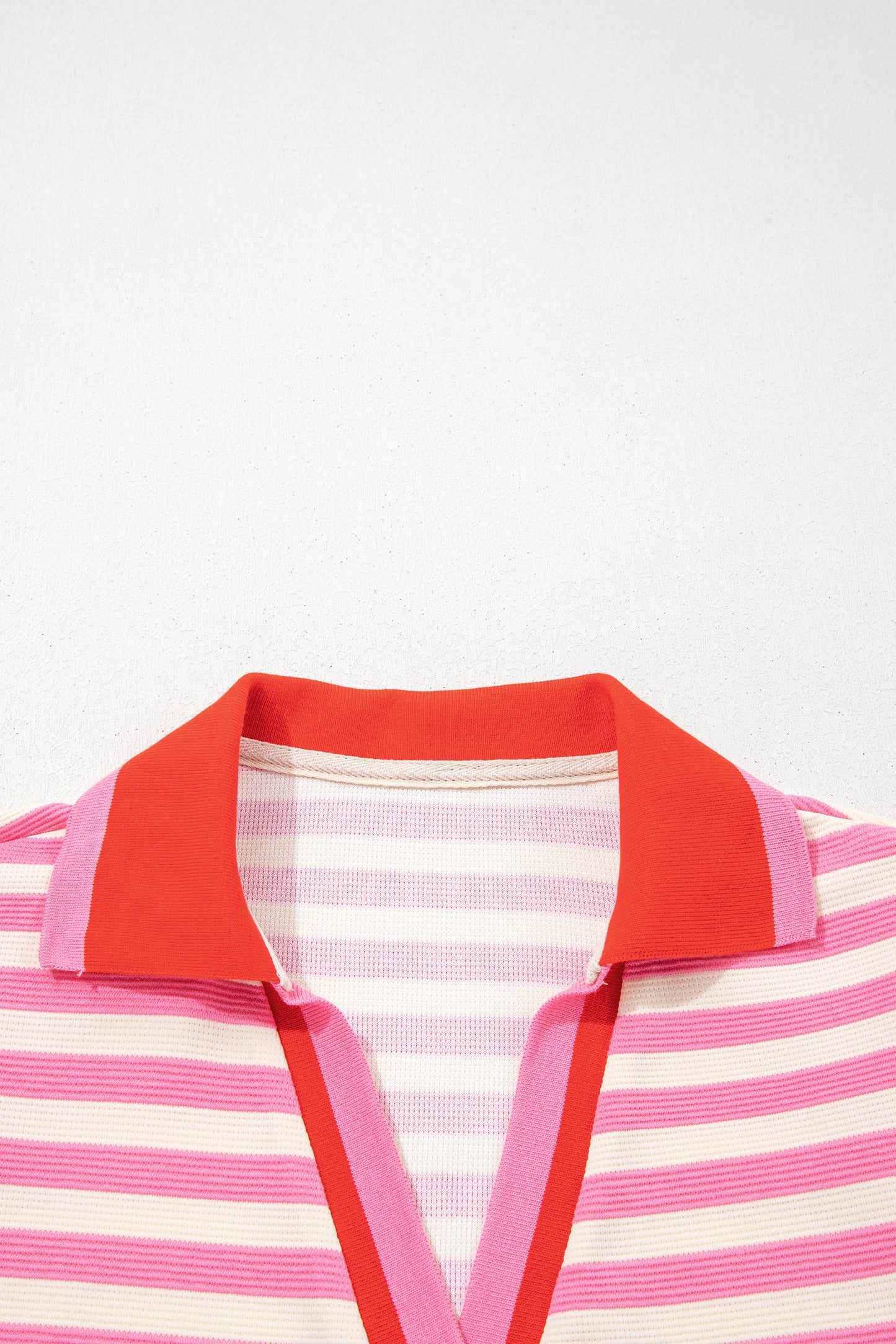 Green Stripe Contrast Trim Polo Collar Ruffled Short Sleeve Blouse