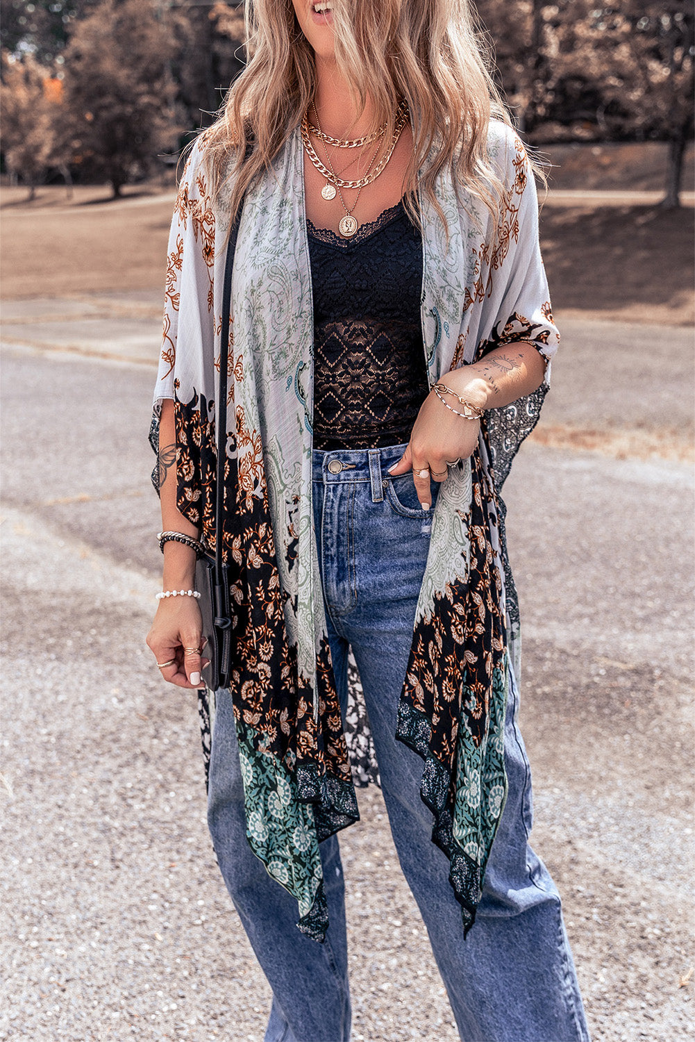 Green Boho Floral Print Irregular Hem Flowy Kimono