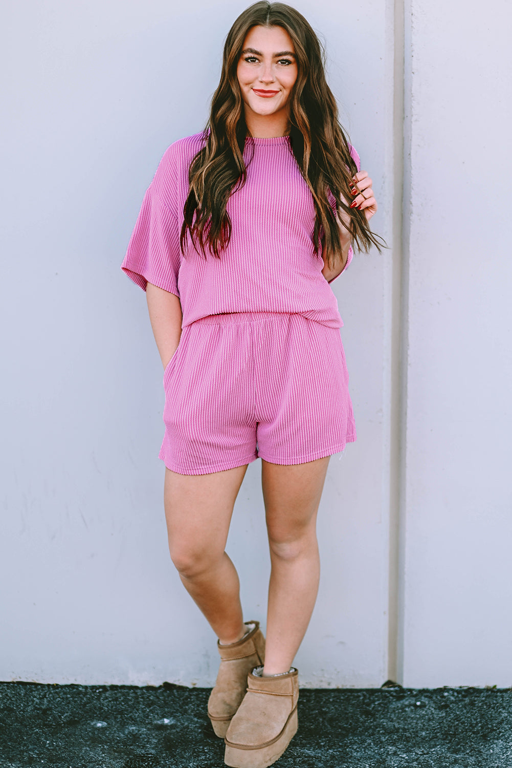 Phalaenopsis Ribbed Textured Loose Fit Tee & Shorts Set