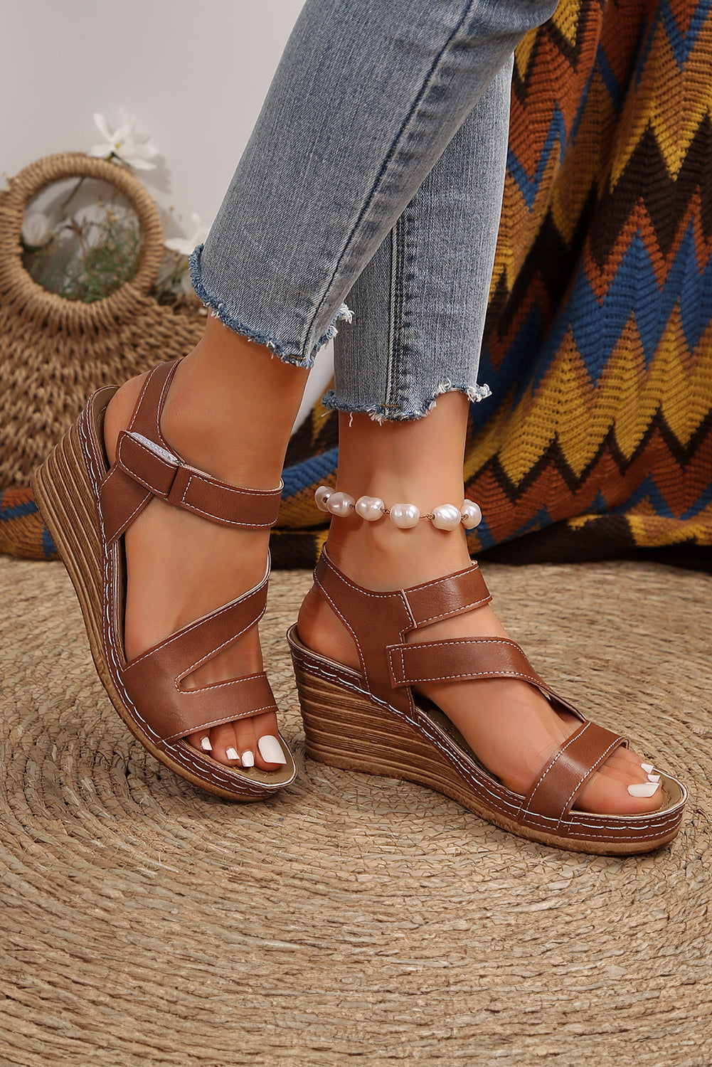 Chestnut Hollow Out PU Leather Wedge Sandals