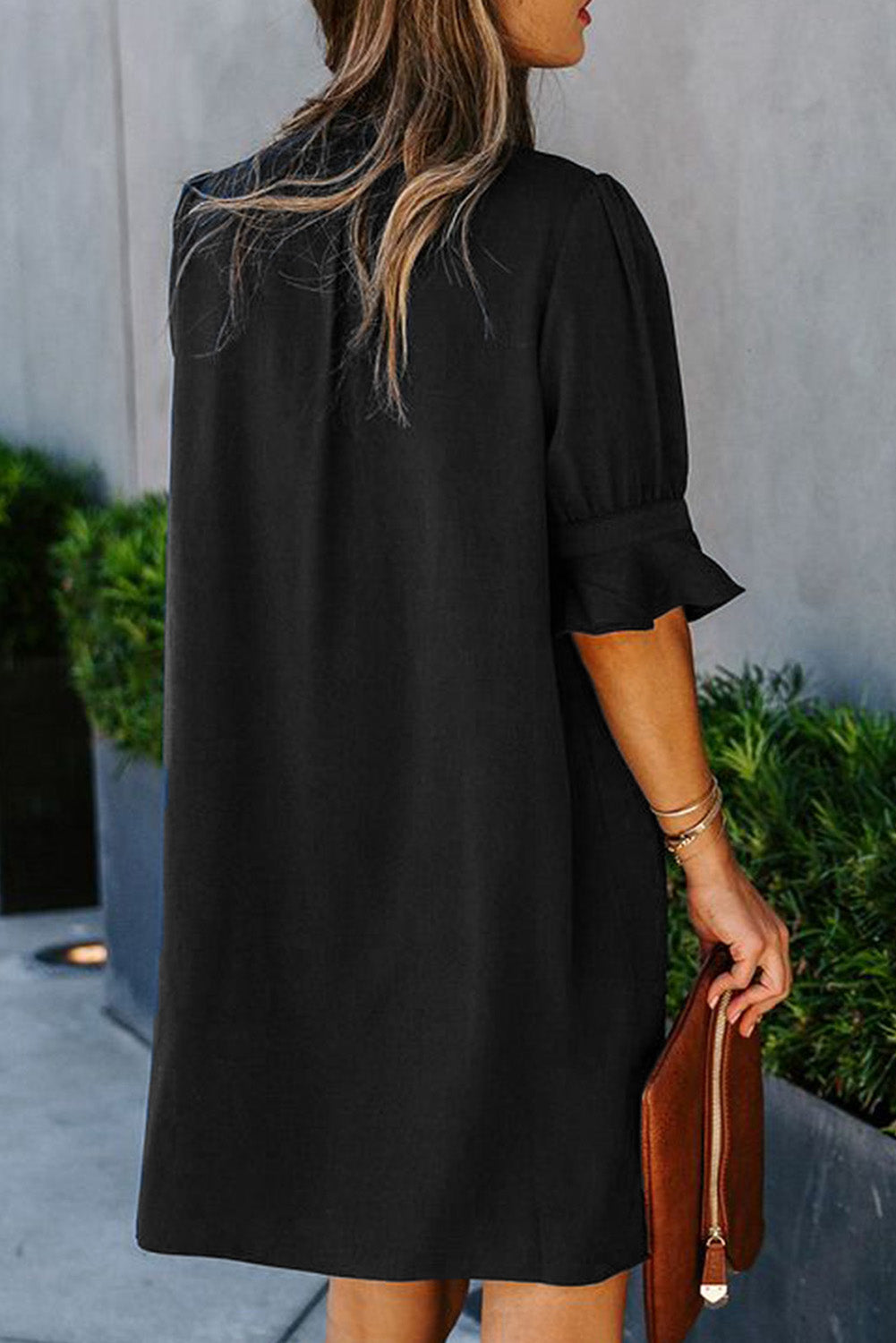 Black Split V Neck Short Sleeve Casual Tunic Dress