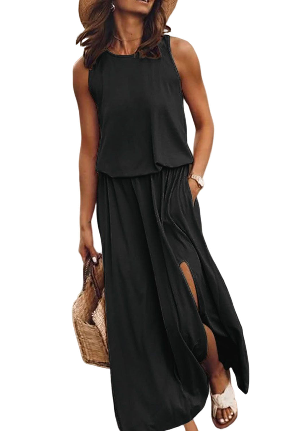 Black Solid Split Sleeveless Tunic Maxi Dress