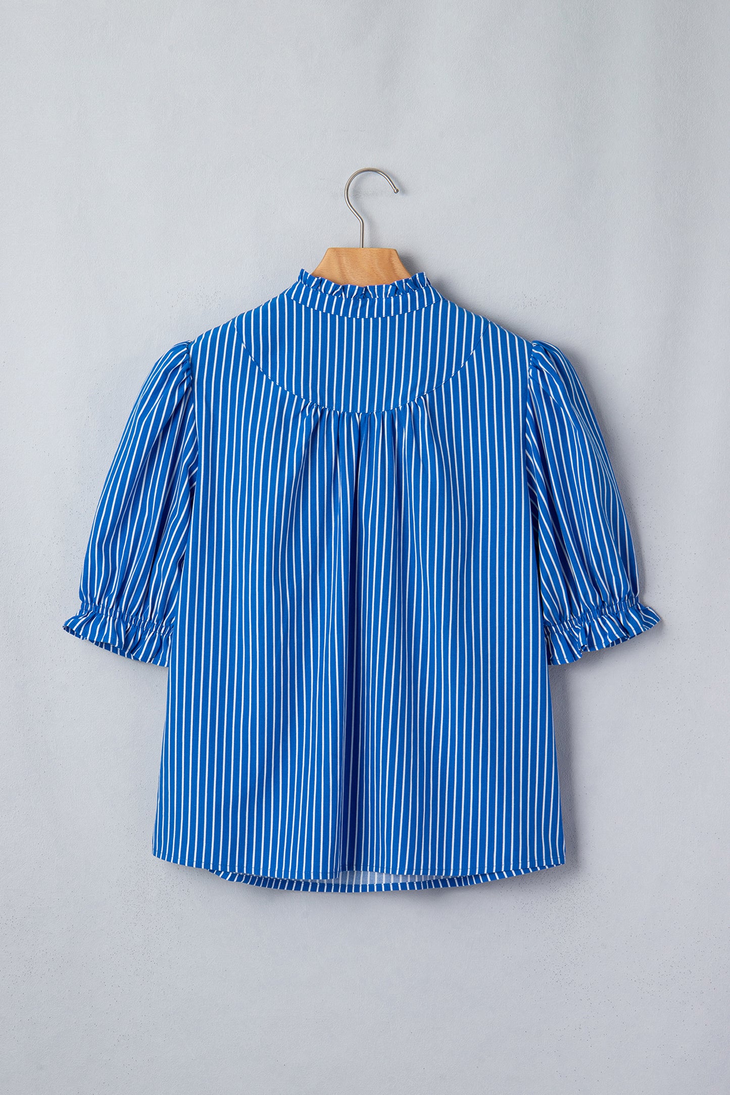 Red Stripe Ruffled Short Puff Sleeve Button Front Blouse