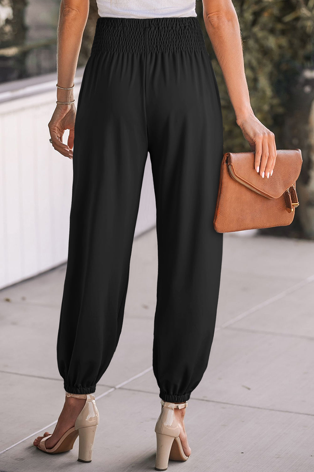 Black Pocketed Smocked High Waist Joggers