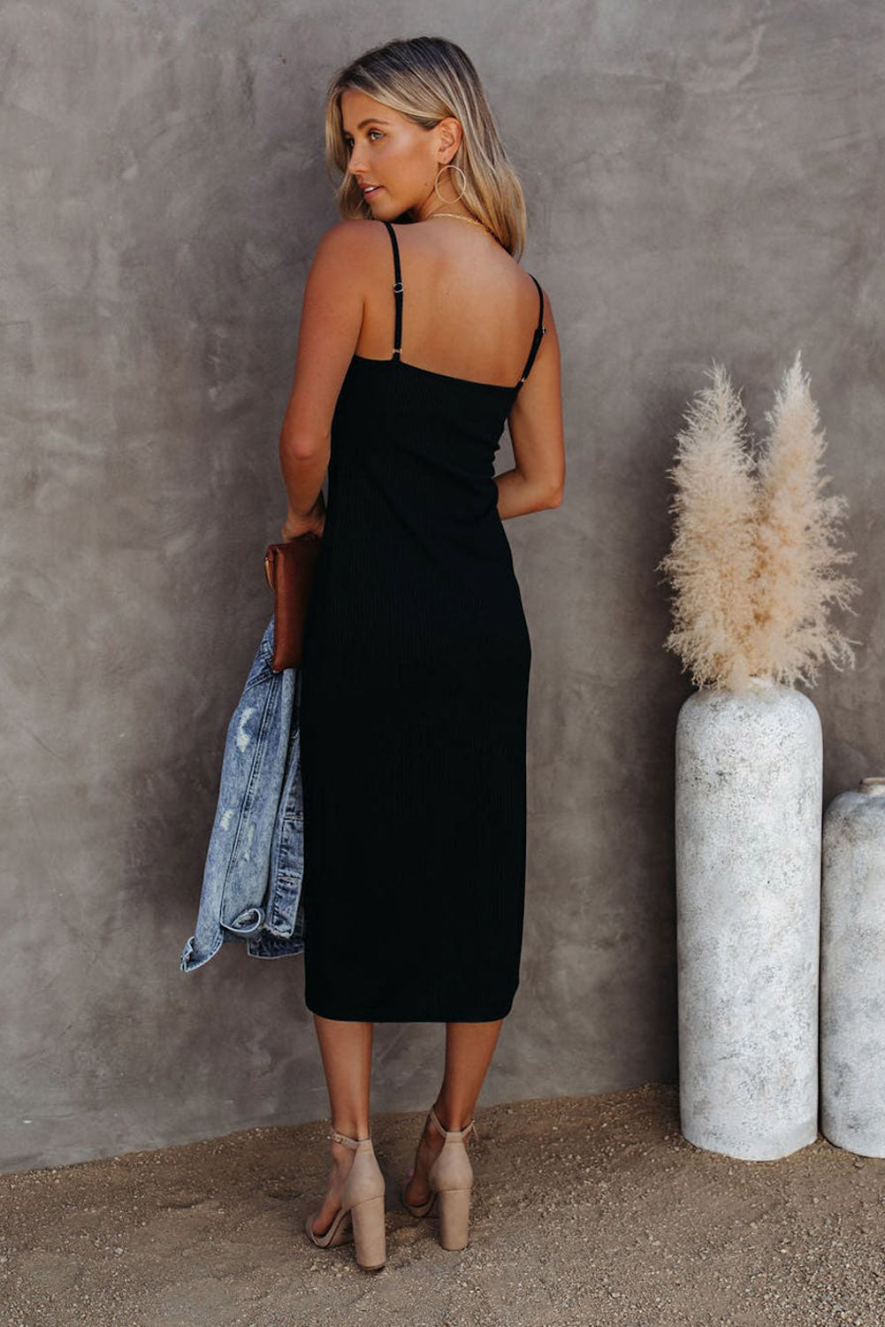 Black Buttoned Ribbed Knit Sleeveless Midi Dress with Slit