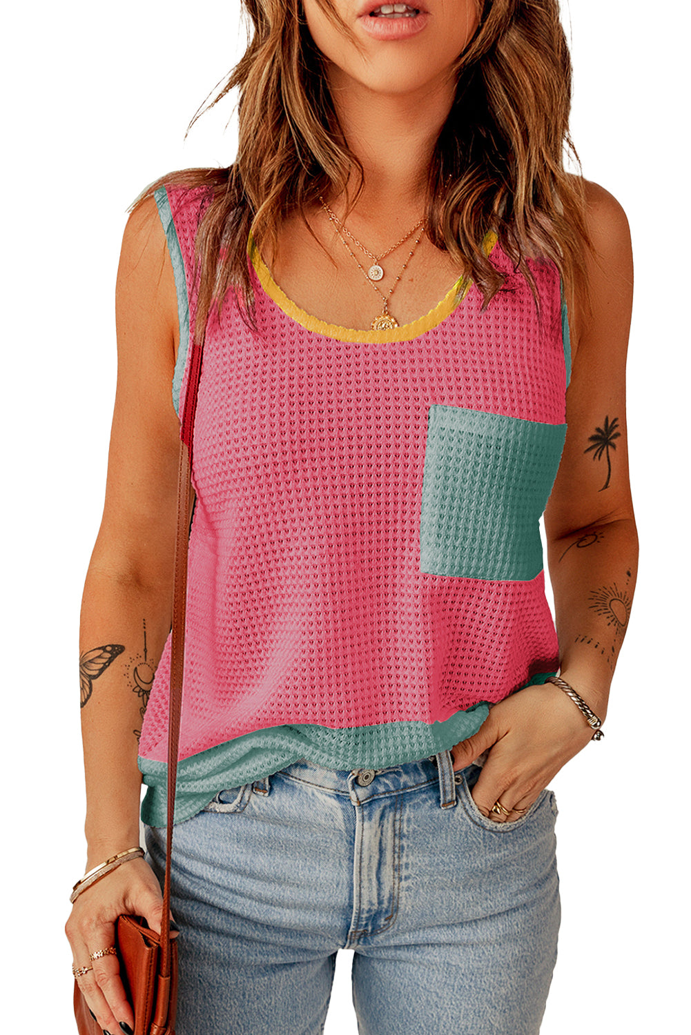 Strawberry Pink Color Block Patched Pocket Waffle Knit Tank Top