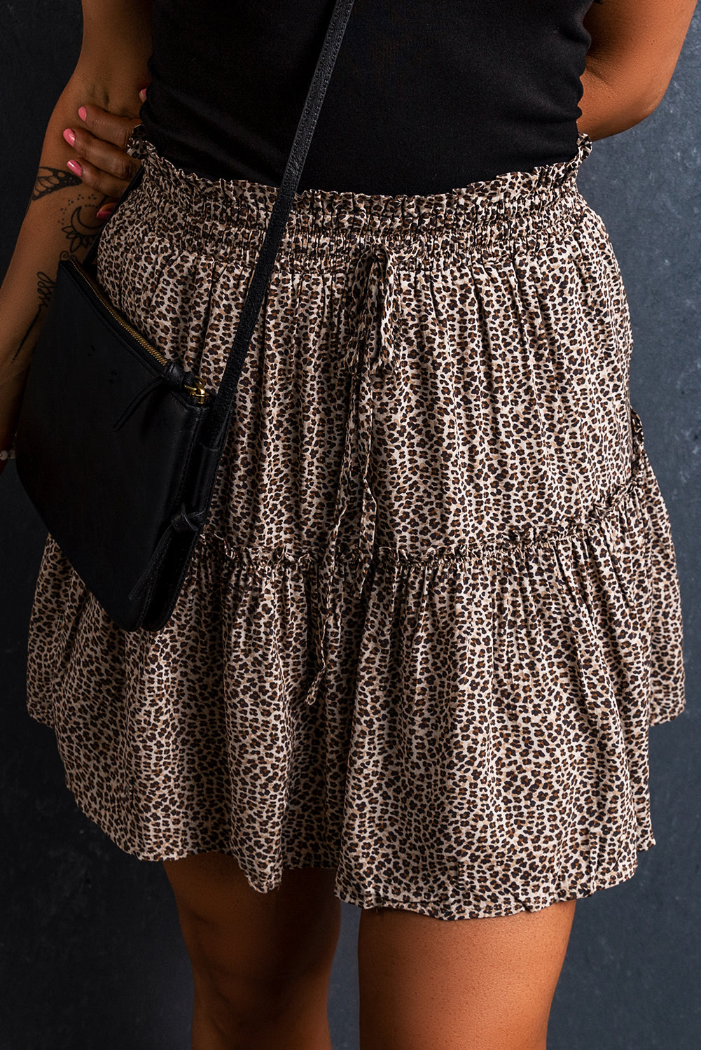 Beige Leopard Drawstring Frilly Short Skirt