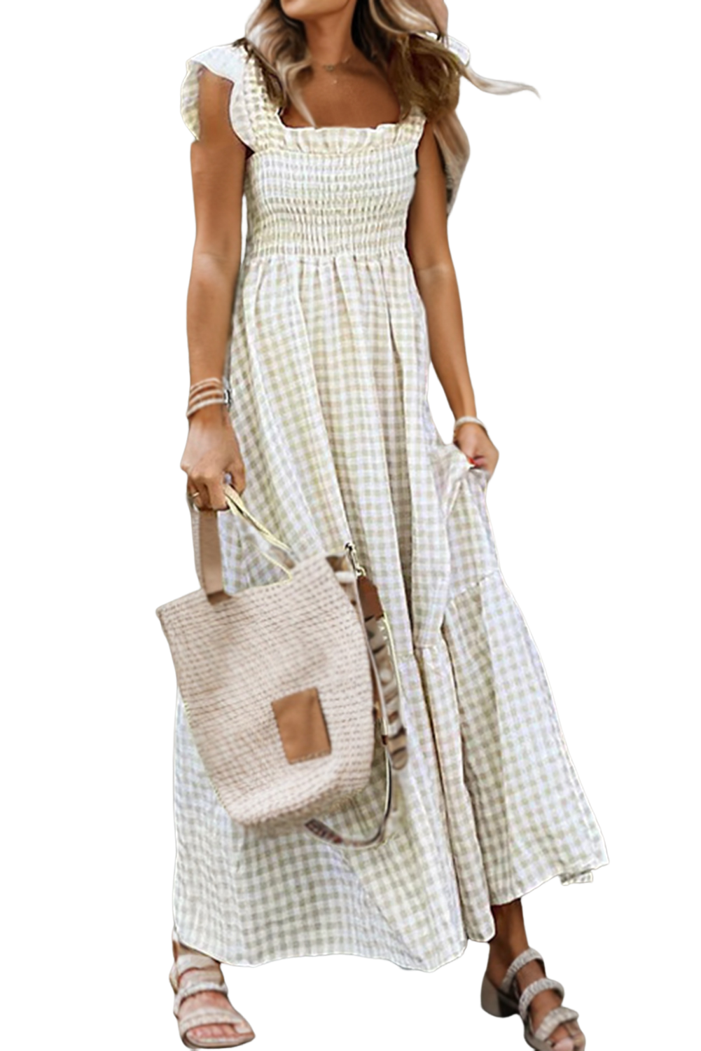 Khaki Plaid Ruffled Sleeveless Smocked Maxi Dress