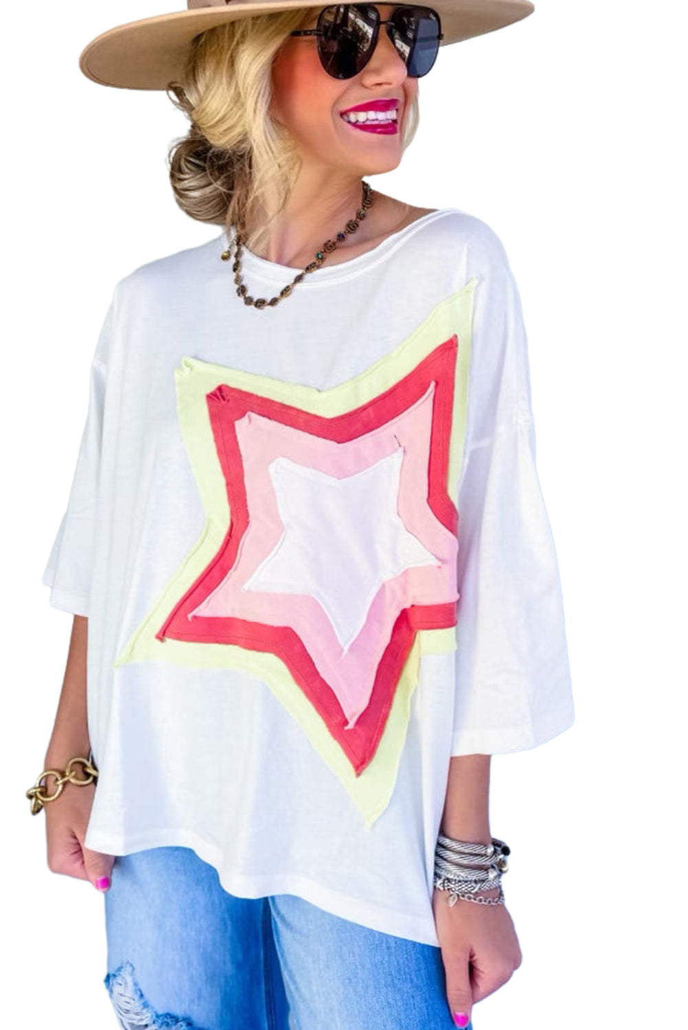 Moonlight Jade Colorblock Star Patched Half Sleeve Oversized Tee