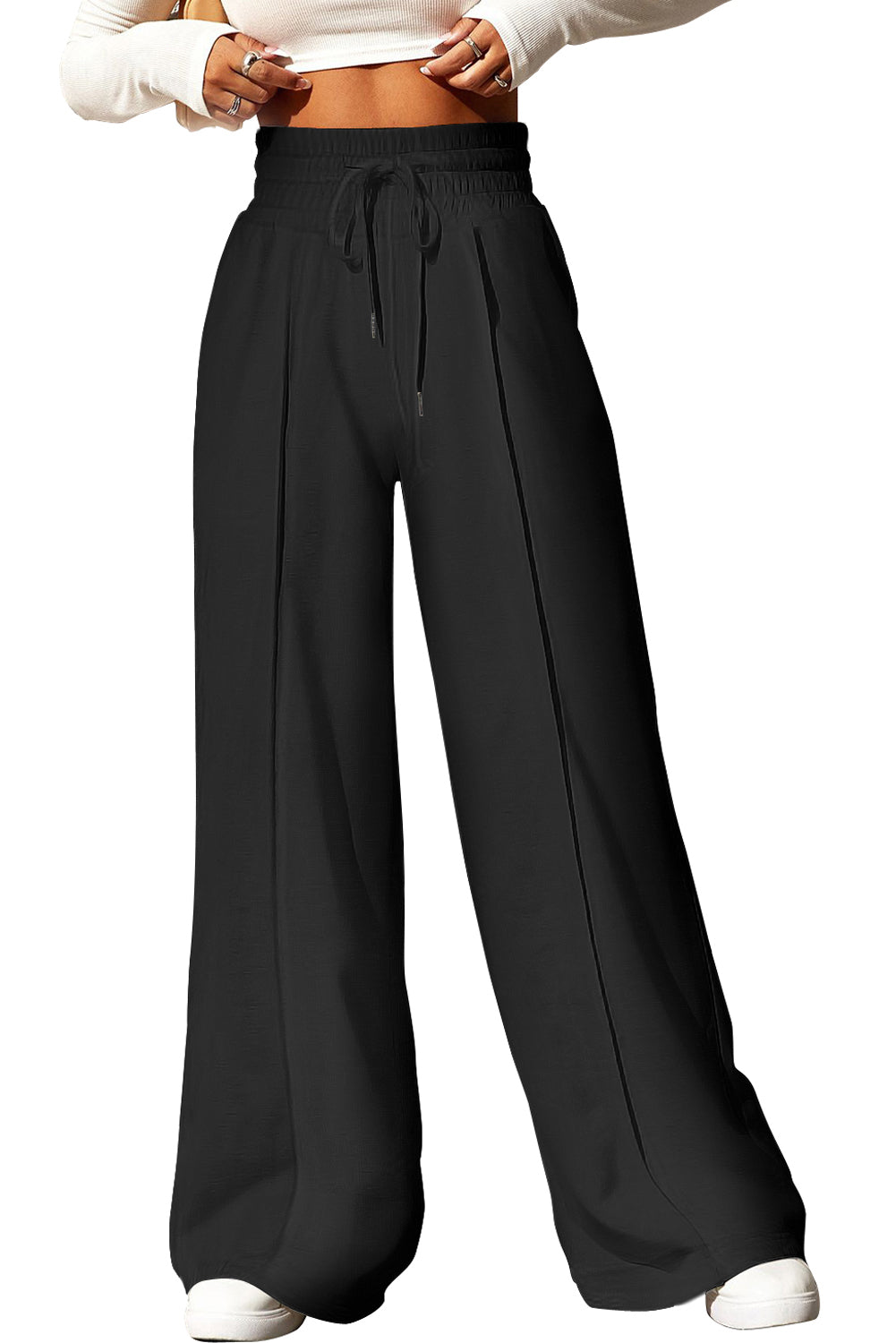 Black Drawstring Smocked Waist Wide Leg Pants