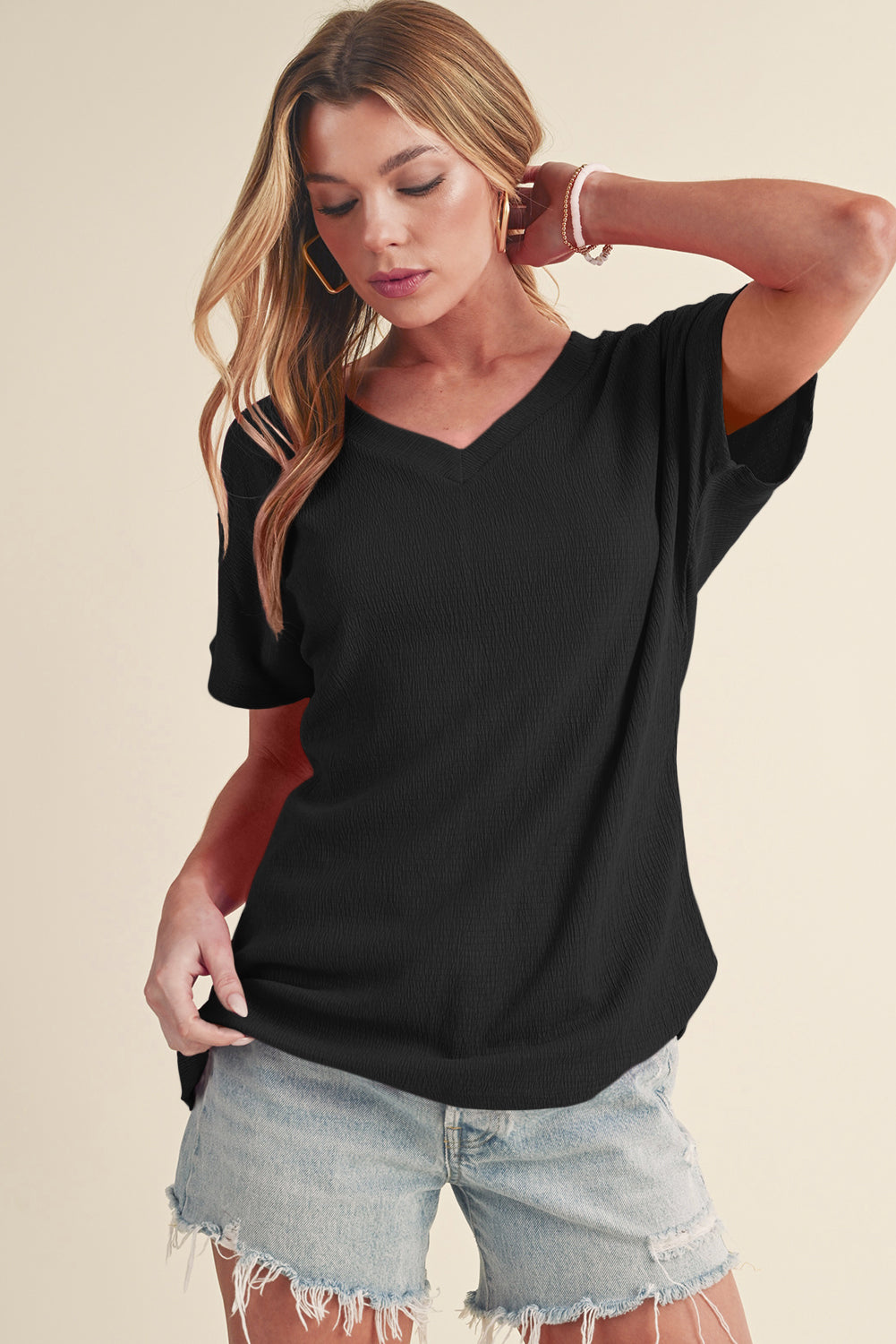 Black Plain Crinkled V Neck Short Sleeve Blouse