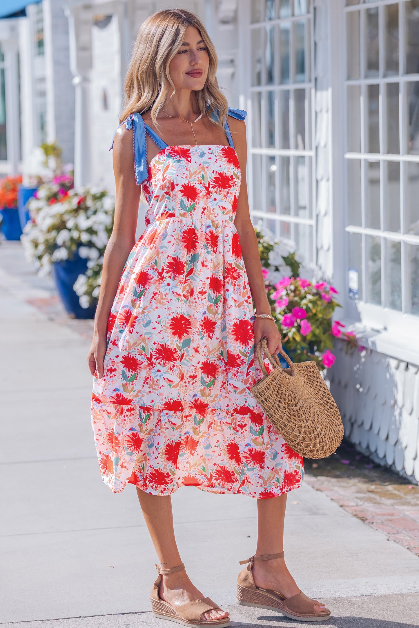 Yellow Floral Print Contrast Stitched Knot Denim Straps High Waist Dress