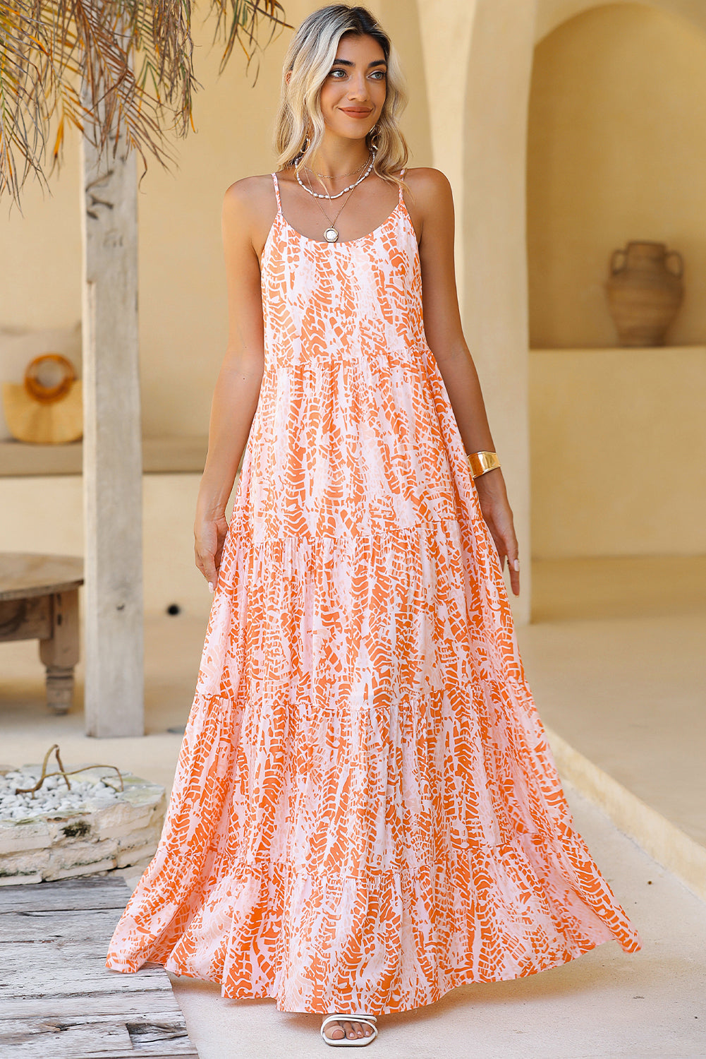 Orange Abstract Print Backless Tiered Maxi Dress