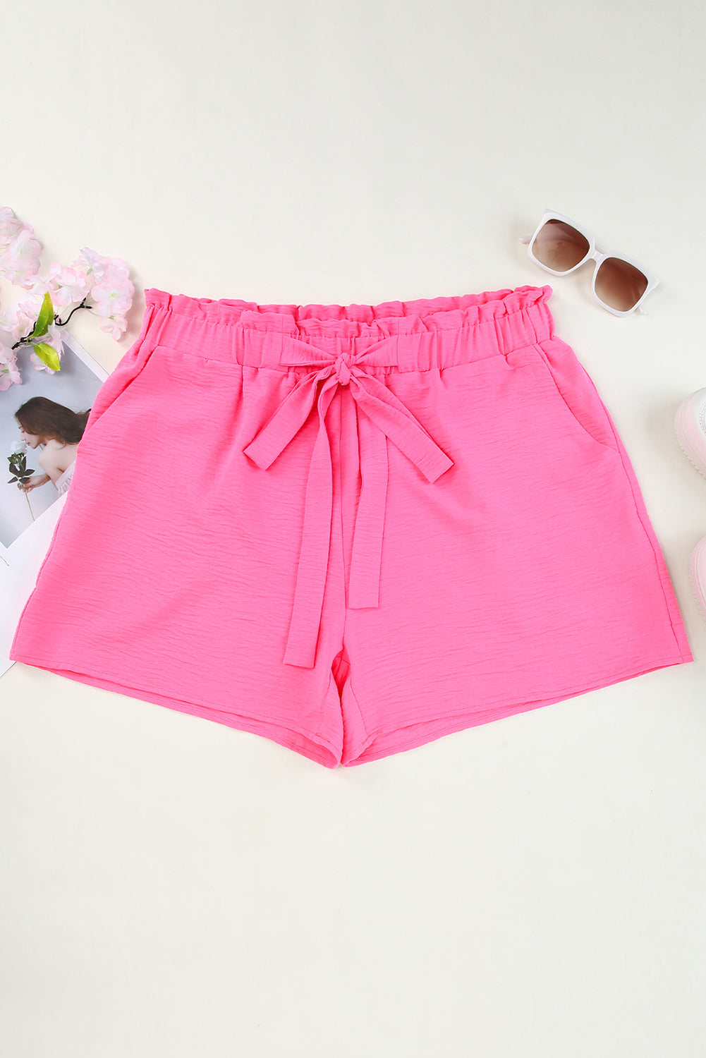 Rose Casual Paperbag High Waist Textured Plus Size Shorts