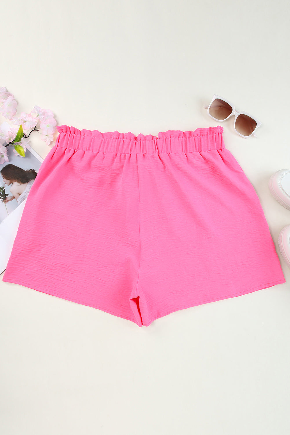 Rose Casual Paperbag High Waist Textured Plus Size Shorts