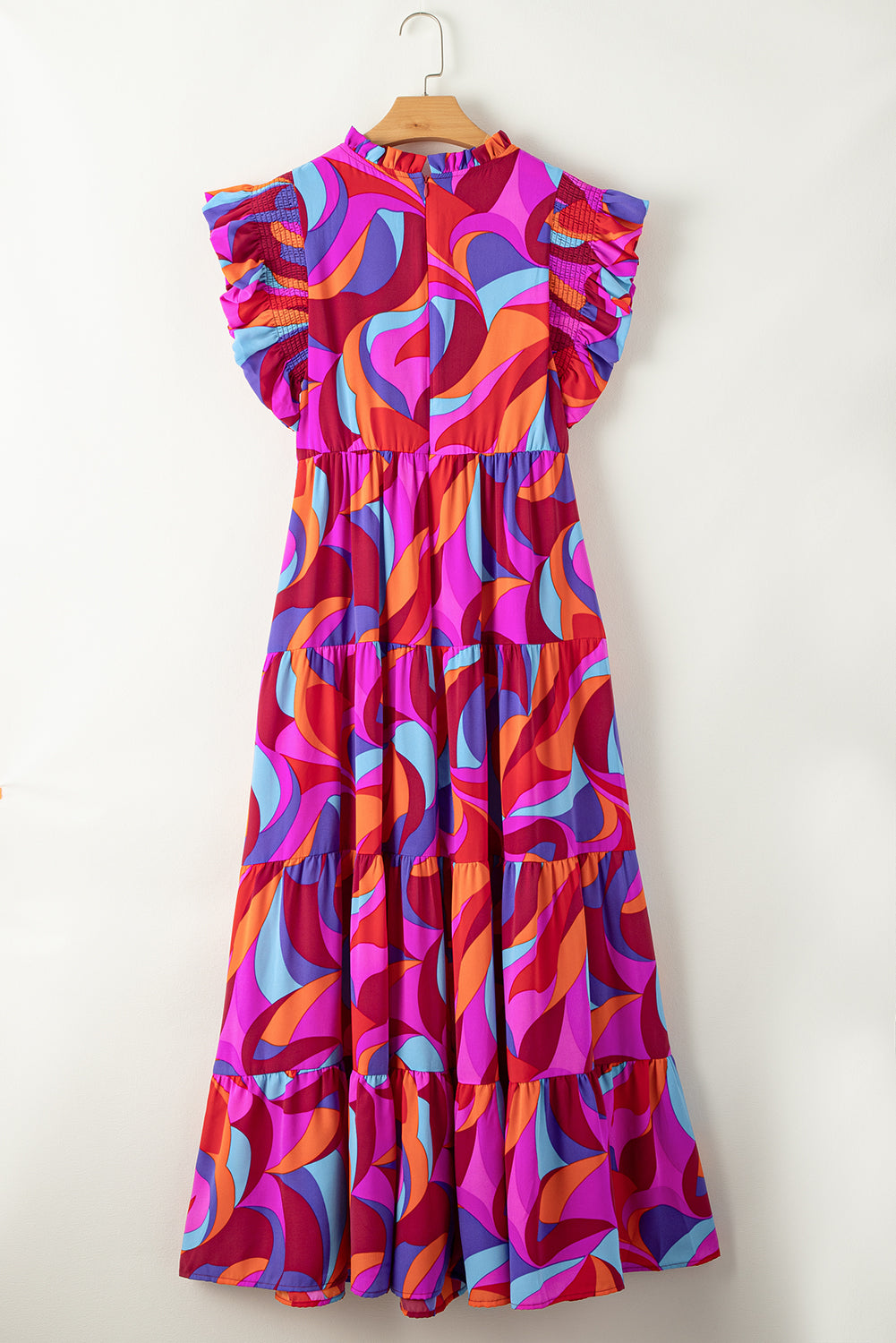 Orange Abstract Print High Waist Ruffle Tiered Maxi Dress