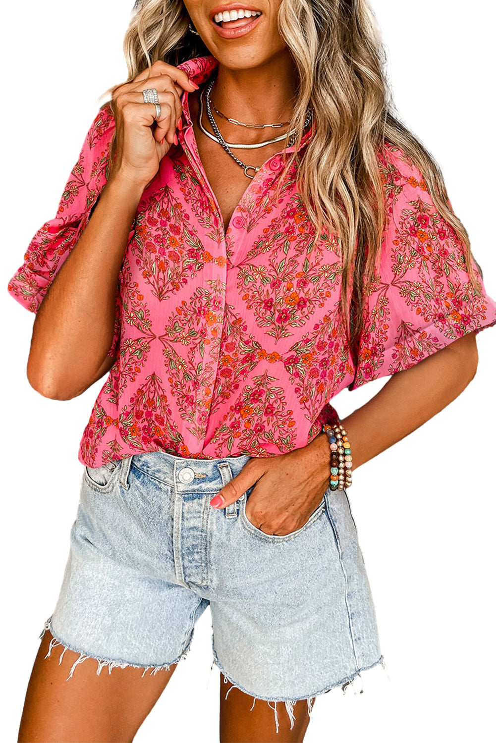 Rose Red Floral Print Short Sleeve Loose Shirt