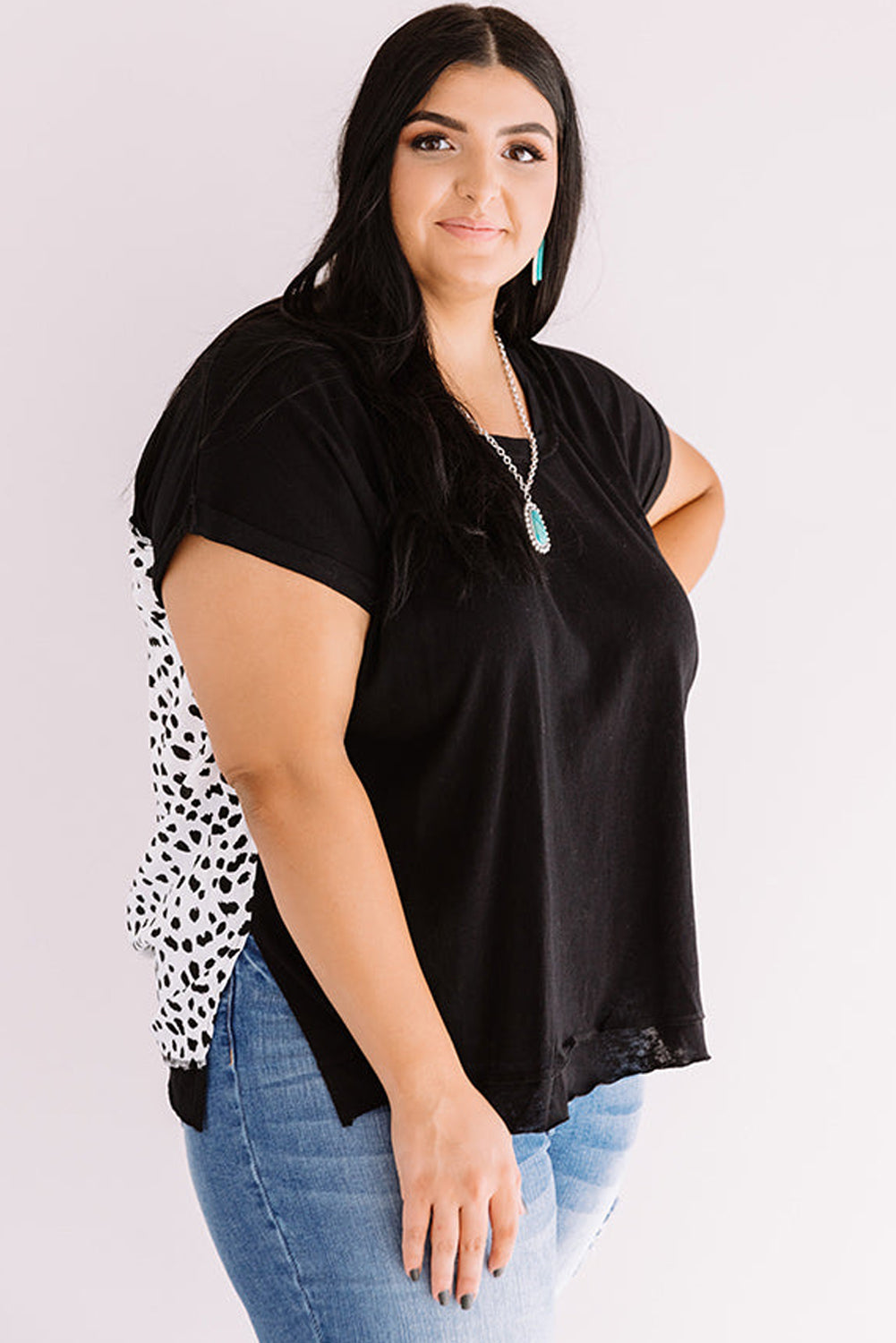 Black Plus Size Leopard Print Back Roll Up Sleeve T Shirt