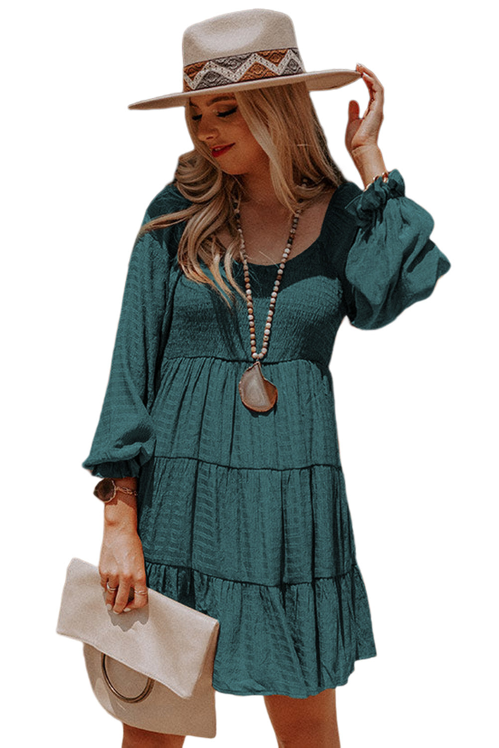 Mist Green Long Sleeve Smocked Tiered Boho Dress