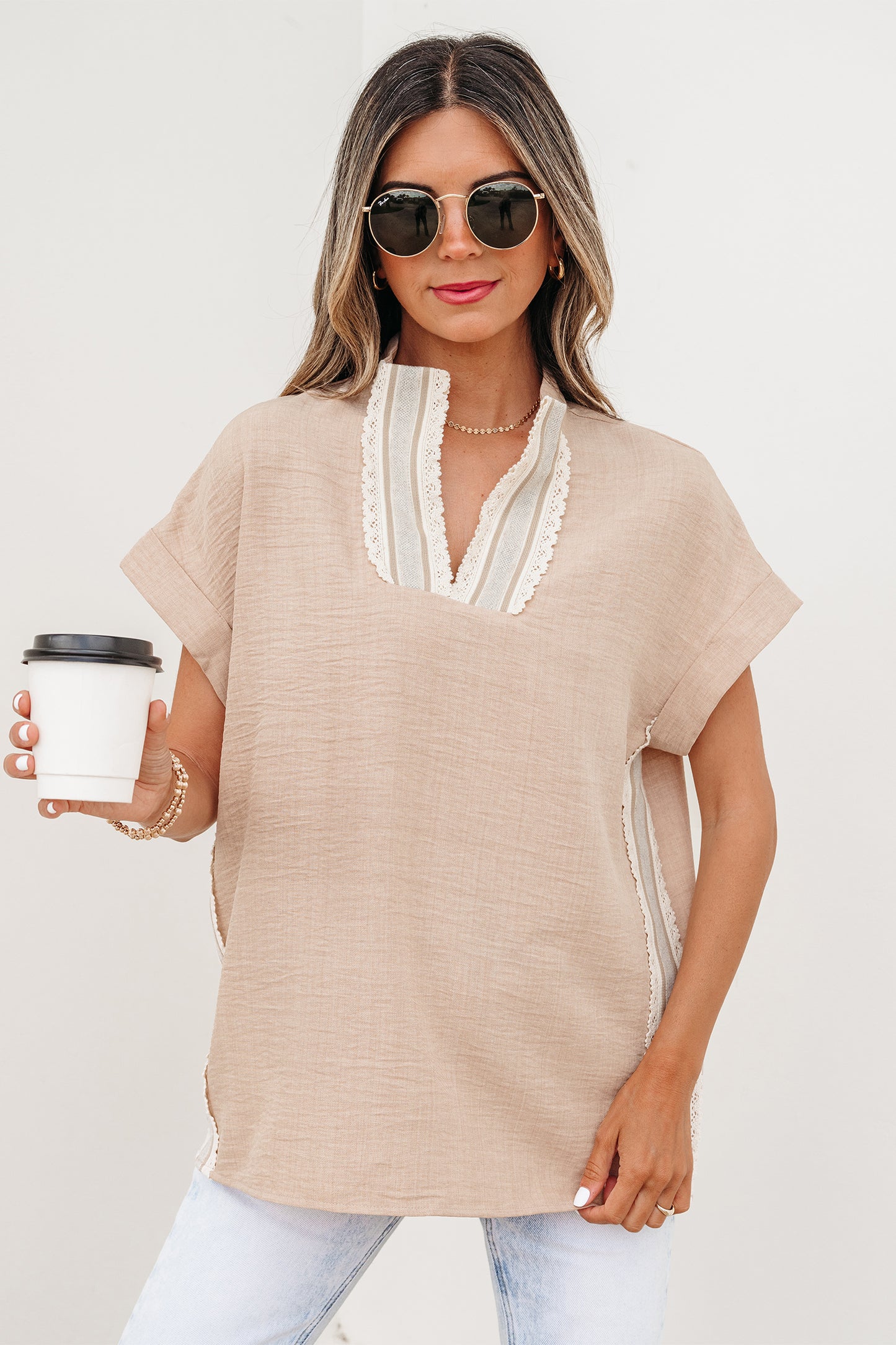 Beau Blue Crochet Lace Accent Pullover Rolled Short Sleeve Blouse