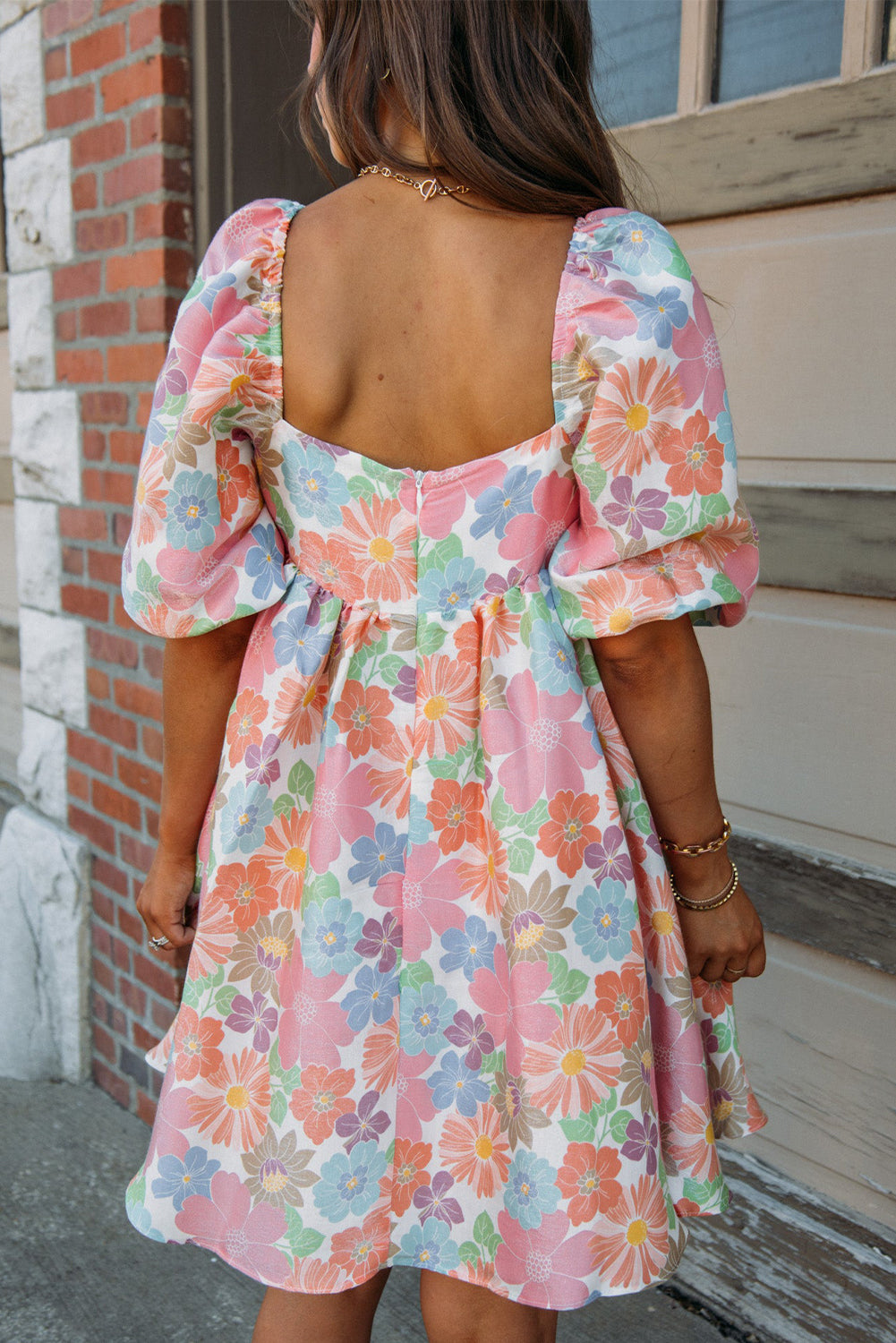 Rose Summer Floral Square Neck Puff Sleeve Babydoll Dress